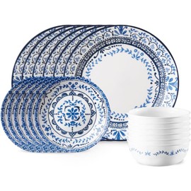 Corelle Vitrelle 18-Piece Service for 6 Dinnerware Set, Triple Layer Glass and Chip Resistant, Lightweight Round Plates and Bowls Set, Portofino