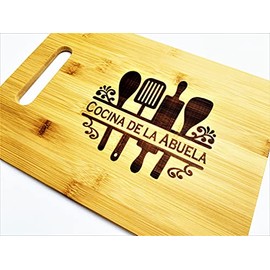 Cocina de la Abuela Engraved Bamboo Wood 9.5x13 Cutting Board with Handle for Mexican or Spanish Grandmother or Mother's Day