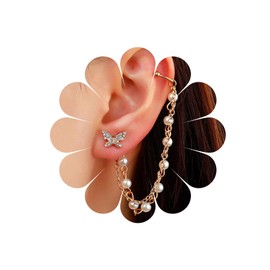 Allereya Vintage Pearl Cuff Chain Earrings Gold CZ Butterfly Stud Earrings Dangle Pearl Necklace Cartilage Earrings Helix Cuff Chain Earrings Jewellery for Women and Girls