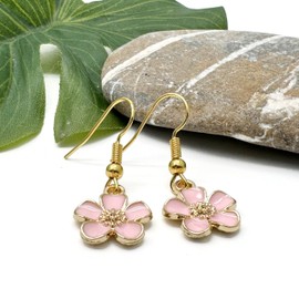 Pink Flower Earrings, Light Pink Enamel Daisy Charm Beads on Nickel Free Hooks : 33mm long, Cute Floral Drop Earrings, Pretty Gift for Women