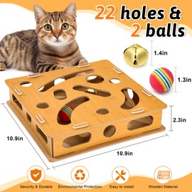 Interactive Wooden Cat Puzzle Toy with Ball and Bell，Indoor Hunting Play Toy to Stimulate Your Cat’s Energy and Instincts,Cat Toy Box for Indoor Cats and Kittens