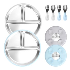 Kaempe Pack of 2 Stainless Steel Baby Plates with Spoon and Forks, Plate with Suction Cup, Children's Plate, Baby Tableware, Plate with Dividers, for Baby LED Weaning (Blue + Grey)