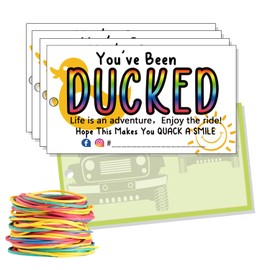 You've Been Ducked, Duck Duck Tag, Duck Ducking Game Card, 3.5 x 2 Inch Business Card Size, Yellow Duck Background Design, 50 Cards, 50 Rubber Bands, With Round Hole