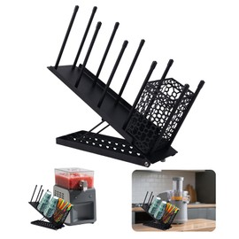 Cup Organizer for Ninja Slushie Machine, Metal Adjustable Coffee Cups and Lids and Straws Dispenser Holder 4 Compartment with Mesh Basket Kitchen Coffee Bar Storage Accessories (Black)