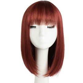 HSPJHTM Auburn Bob Wigs,Short Bob Hair Wigs 14" Straight with Flat Bangs Synthetic Colorful Cosplay Daily Party Wig for Women Natural (Free Wig Cap)