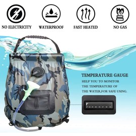 Camping Shower Bag, Topind 20L/5Gallons Portable Outdoor Solar Shower Bag with 50cm(20in) Removable Hose Shower Nozzle and Temperature Indicator for Beach Camping Swim Travel Hiking Trip