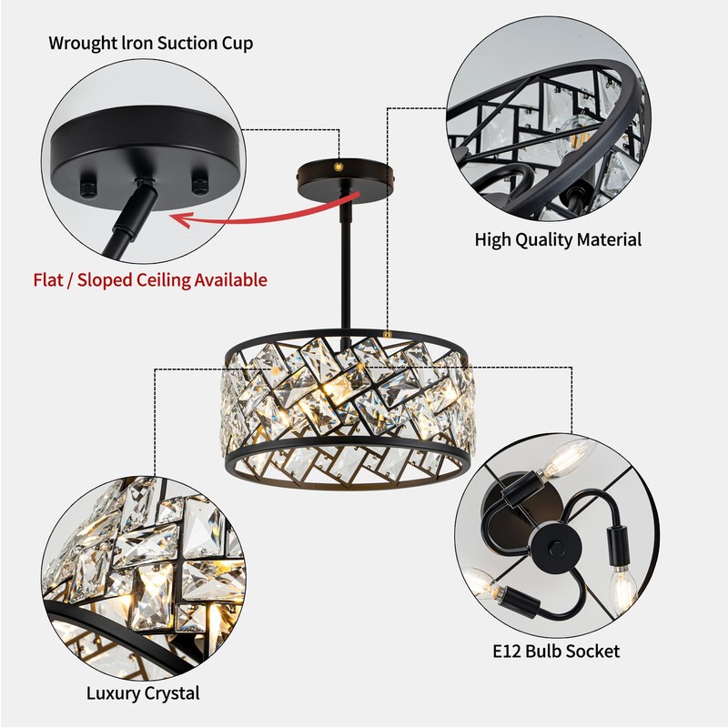 Rpzloila 3-Light Crystal Ceiling Light Fixture, Modern Semi Flush Mount