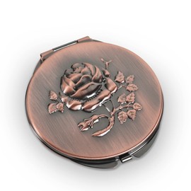 Espejo compacto de metal retro portátil de viaje 1x/2x aumento compacto y portátil plegable (cobre rojo antiguo)