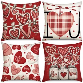 Valentine's Day Throw Pillow Covers Set of 4,Polka Dot Checkered Love Heart Bottle Decor Holiday Farmhouse Cushion Case Decoration for Sofa Couch 18 x 18 Inch