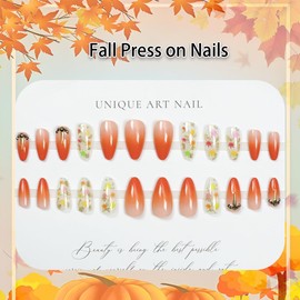 24Pcs Fall Press on Nails Long Almond Orange Fake Nails with Maple Leaves Designs Gradient Orange Nails Press ons Gel Acrylic Glue on Nails Glitter Gold Foil Stick on Nails for Women Manicure