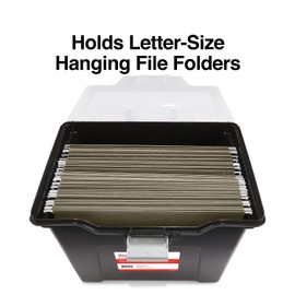 STAPLES File Folder Tote, Portable Filing Box for Letter SIze Hanging Folders, Security Latch & Built-In Lid Organizer, Black/Clear