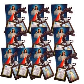 Westmon Works Divine Mercy Scapular and Holy Card Set Bulk Classroom Pack Bundle of Traditional Brown Felt Scapular and Prayer Cards, Set of 12 of Each, Wool, No Gemstone, White