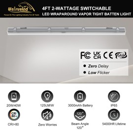 4FT LED Vapor Tight Emergency Light, Battery Backup, IP65 IK08, 20W(2500lm)/40W(5000lm) Selectable, 5000K, 100-277V, Outdoor Waterproof Shop Light, Vapor Proof Lighting Fixture for Carport, FCC Listed