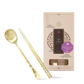 BALWOO [Made in Korea] Crane Painting Design Korean Table Sticky Rice Spoon and Chopsticks 304 Stainless Steel Gold Titanium Plated Mukbang Cutlery