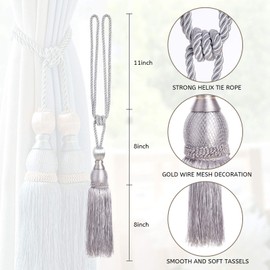 Pretty Jolly 2 Pack Mesh Ball Tassel Curtain Tiebacks European Vintage Style Curtain Holdbacks Handmade Braided Rope Decorative Drape Tie Backs for Home and Office Window Drapery (Sliver Grey)