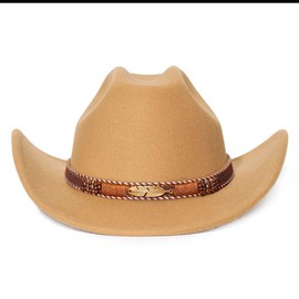 LolliWeaver Women Men Fashion Wide Brim Teardrop Crown Felt Western Cowboy Cowgirl Hat with Feather Brown Leather Hat Band, Camel