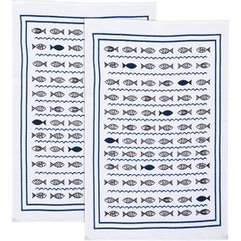 Erwin Müller Terry Tea Towel, Kitchen Towel, Drying Towel in Pack of 2 with Printed Fish Motif, Size 47 x 70 cm, Durable, Absorbent, Non-Iron, 100% Cotton