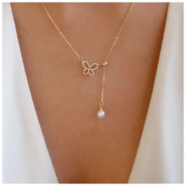 Inilbran Boho Butterfly Pearl Y Lariat Necklace Vintage Crystal Butterfly Choker Necklace Gold Y Drop Necklace Pearl Pendant Necklace Minimalist Butterfly Pearl Necklace