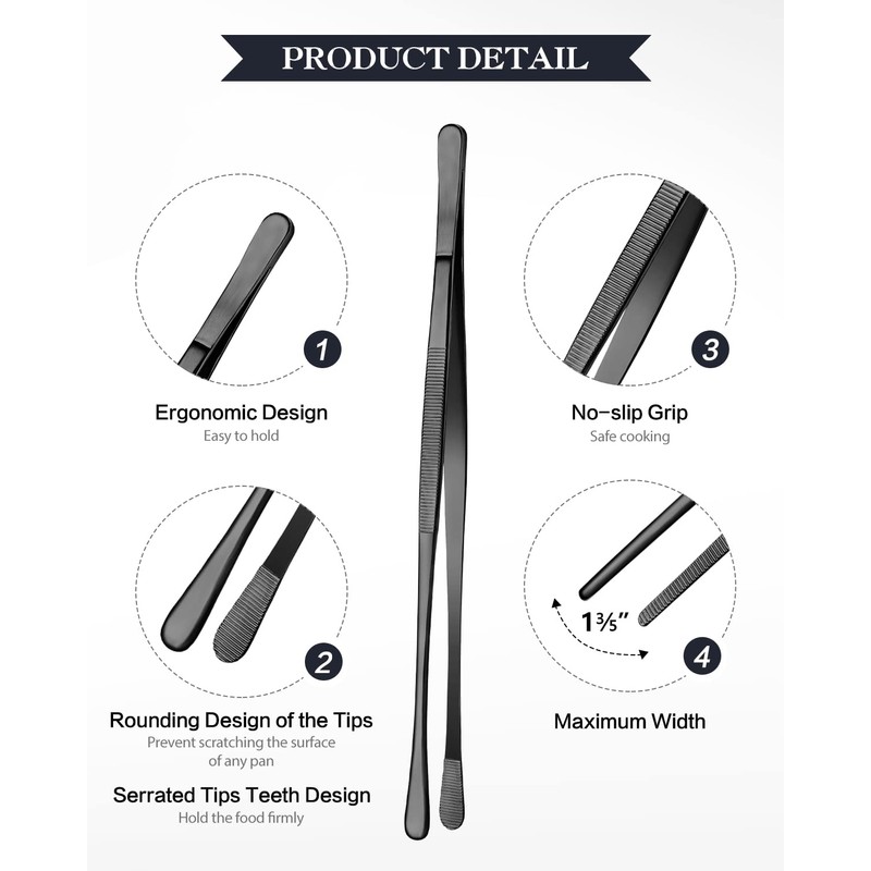 2 Pcs 12-inch Cooking Tweezers Tongs Precision Serrated Tips, Stainless