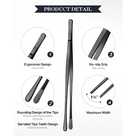 2 Pcs 12-inch Cooking Tweezers Tongs Precision Serrated Tips, Stainless Steel Professional Chef Tweezer Kitchen Tools for BBQ, Plating and Serving