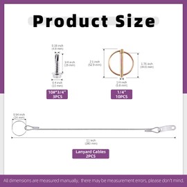 Swpeet 15Pcs 1/4 x 1-3/4" Spring-Loaded Lynch Pin Linch Pin and Stainless Steel Lanyard Cables and Quick Release Ring with 410 Stainless Steel Self Drilling Sheet Metal Screws Kit for Farm