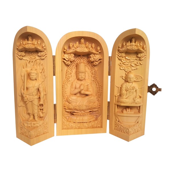 Sankai Buddha Sculpted Wooden Buddha Statue (Dainichi Sanzon, Shingon Sect Sanzon: Dainichi Nyorai, Kobo Daishi, Fudo Myoo) Boxwood Tsuge Plant Height 10cm Fine Art Protection Honzon Charm Figurine