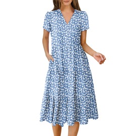 ANRABESS Women's Summer Casual Short Sleeve V Neck Midi Dresses 2025 Spring Flowy A-line Tiered T Shirts Boho Beach Dress Floral Blue Medium
