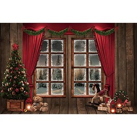 Renaiss 3 x 2.5 m Rustic Christmas Indoor Background Wooden Window Snow Christmas Tree Background for Photography Winter Holiday Home Party Supplies Family Child Portrait Shooting Studio Props