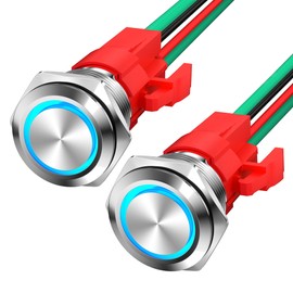 12V Latching Push Button Switch 20A Heavy Duty DC 12 Volt Waterproof Round Switch 16MM Metal Blue LED Ring Illuminated On Off Switch with Pre-Wired for Marine Boat Car Truck - 2Pack