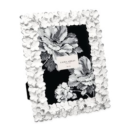 Laura Ashley 5x7 White & Silver Flower Textured Hand-Crafted Resin Picture Frame w/Easel & Hook for Tabletop & Wall Display, Decorative Floral Design Home Décor, Photo Gallery, Art (5x7, White/Silver)