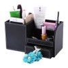 1Pc Wooden Leather Multifunction Desk Stationery Organizer Storage Box Pen