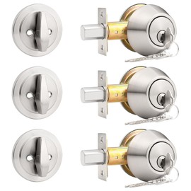 Probrico 3 Pack Brushed Nickel Single Cylinder Deadbolt Lock Set, Round Keyed One Side Door Lock for Exterior and Interior Door