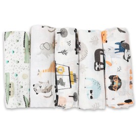FENSILO Burp Cloths Baby - Muslin Cloths - Cloth Nappies - Pack of 5 70 x 80 cm, Fabric Nappies, Made in the EU, Tested for Harmful Substances, Burp Cloths Baby Boy Girl Cloth with Dog and Crocodile