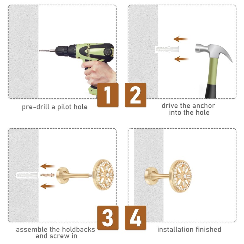 Glod Curtain Tiebacks Hooks - Crystal Wall Mounted Decorative Modern