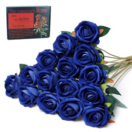SITUMEIZI 15PCS Blue Artificial Roses Silk Flowers Fake Roses Realistic Bouquet Long Stem with Gift Box for Valentine's Day Home Party Wedding Decorations