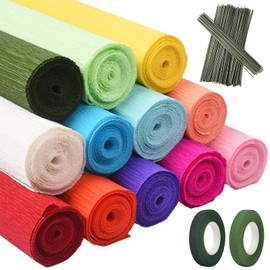 12 Colors Crepe Paper Rolls,Pastel Rainbow Crepe Paper for DIY Kits,50 PCS Green Floral Iron Wire and 2 Roll Green Tape Flower Making Kit Papel Crepe（9.8 X 98 in）