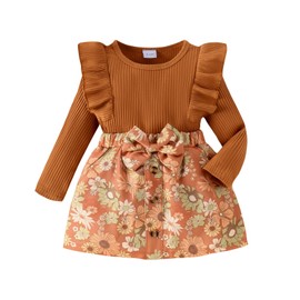 Toddler Girls Fall Winter Clothes Baby Ruffle Long Sleeve Knit Sweater Shirts Plaid Floral Mini Skirts Set with Beret(Brown Floral,2-3T