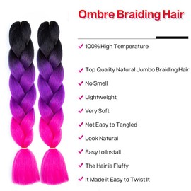 6 Packs Jumbo Braiding Hair Extensions in Brown, Coloured Synthetic Hair, Heat Resistant Hair (Ombre Purple Rose)