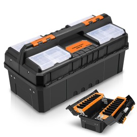 Auto Dynasty Tool Box Set Portable 2-layer Folding Toolbox with Non-slip Handle Tray for Garage, Workshop and On-the-Go Repairs, Orange/Black