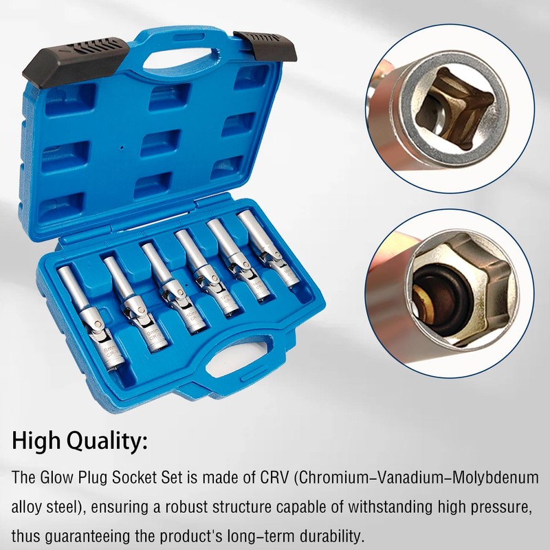 JEUCLEL 6PCS 3/8" Glow Plug Socket Set, Universal Joint 8-16mm,