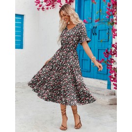 Zeagoo Women's Casual Summer Midi Dress with Pockets Tiered Short Sleeve V Neck Long Flowy Beach Dresses
