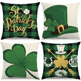 KISVODS St Patricks Day Pillow Covers 18x18 Shamrocks St Patricks Day Decorations Lucky Clover Hat Throw Pillow Covers Green Buffalo Plaid Farmhouse Spring Cushion Case for Sofa Couch Set of 4