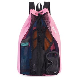 Mesh Swim Bag Beach Backpack with Wet Pocket - Drawstring Sports Bag for Swimming & Gym (Pink)