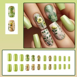 24 Pcs Green Press On Nails Short Square,YEFIUO Spring Summer Floral Fake Nails Press ons Nail Art Tips Acrylic Nail Kit Glue on Nails Full Cover False Nails with Flowers Glossy Design for Ma'am