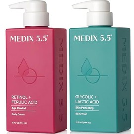 Medix 5.5- Limpiador exfoliante facial y corporal con ácido glicólico AHA MEDIX 5.5 + crema corporal humectante con retinol
