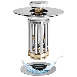 Anlige Bathroom Sink Drain Strainer, 3 in 1 Pop Up Bathroom Sink Stopper with Removable Brass Filter Basket Hair Catcher, Universal Sink Plug for 1.1 to 1.6in Drain Hole, Chrome Silver