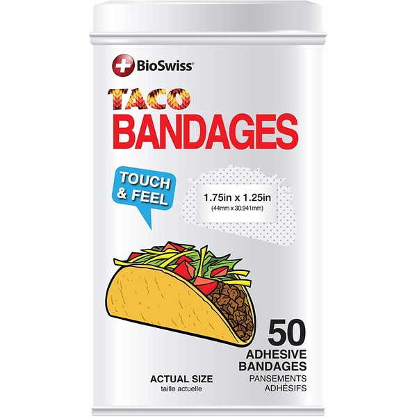 BioSwiss Novelty Bandages Collectable Tin, Self-Adhesive Funny First Aid Bandages, Novelty Gag Gift 50 Pieces (Taco)
