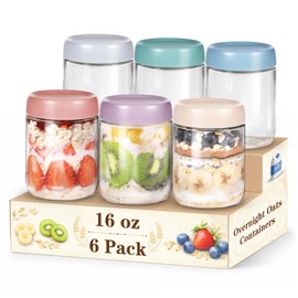 SECLENT 6 Pack Overnight Oats Containers with Lids, Wide Mouth Mason Jars 16oz, Glass Food Storage Containers with Airtight Lids, Overnight Oats Jars for Yogurt, Salad, Meal Prep, Snacks, Chia Pudding