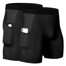 WRAGCFM - Pantalones cortos deportivos de compresión para hombre, con bolsillos, para correr, entrenamiento, ropa interior activa, Negro+Negro, Large