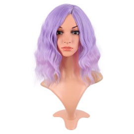 MapofBeauty 14 Inch/35 cm Bob Wavy Short Curly Body Wave Cosplay Anime Synthetic Hair Party Wig (Light Purple to Pink)